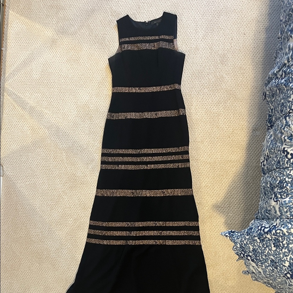 Black Sleeveless Evening Gown with Nude Lace Stripe Accents